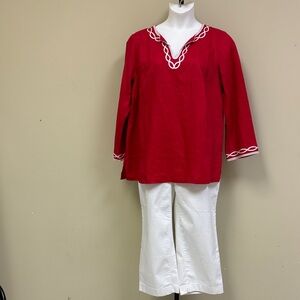 Talbots Red Tunic Top and White Jeans